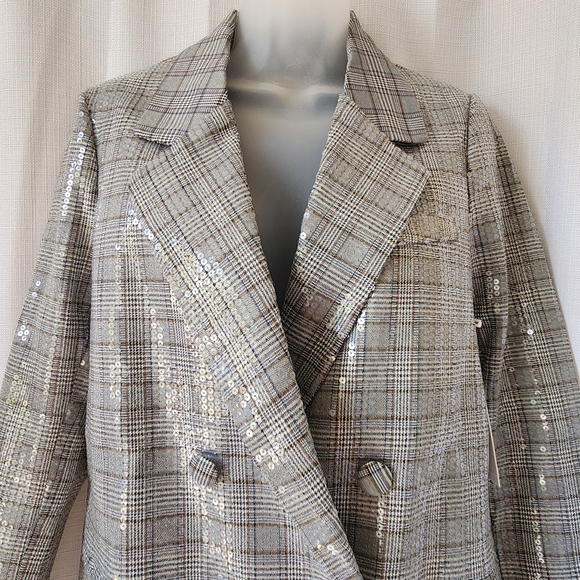 Jason Wu Grey Double Breasted Plaid Sequin Blazer Womens Size S - Picture 2 of 8